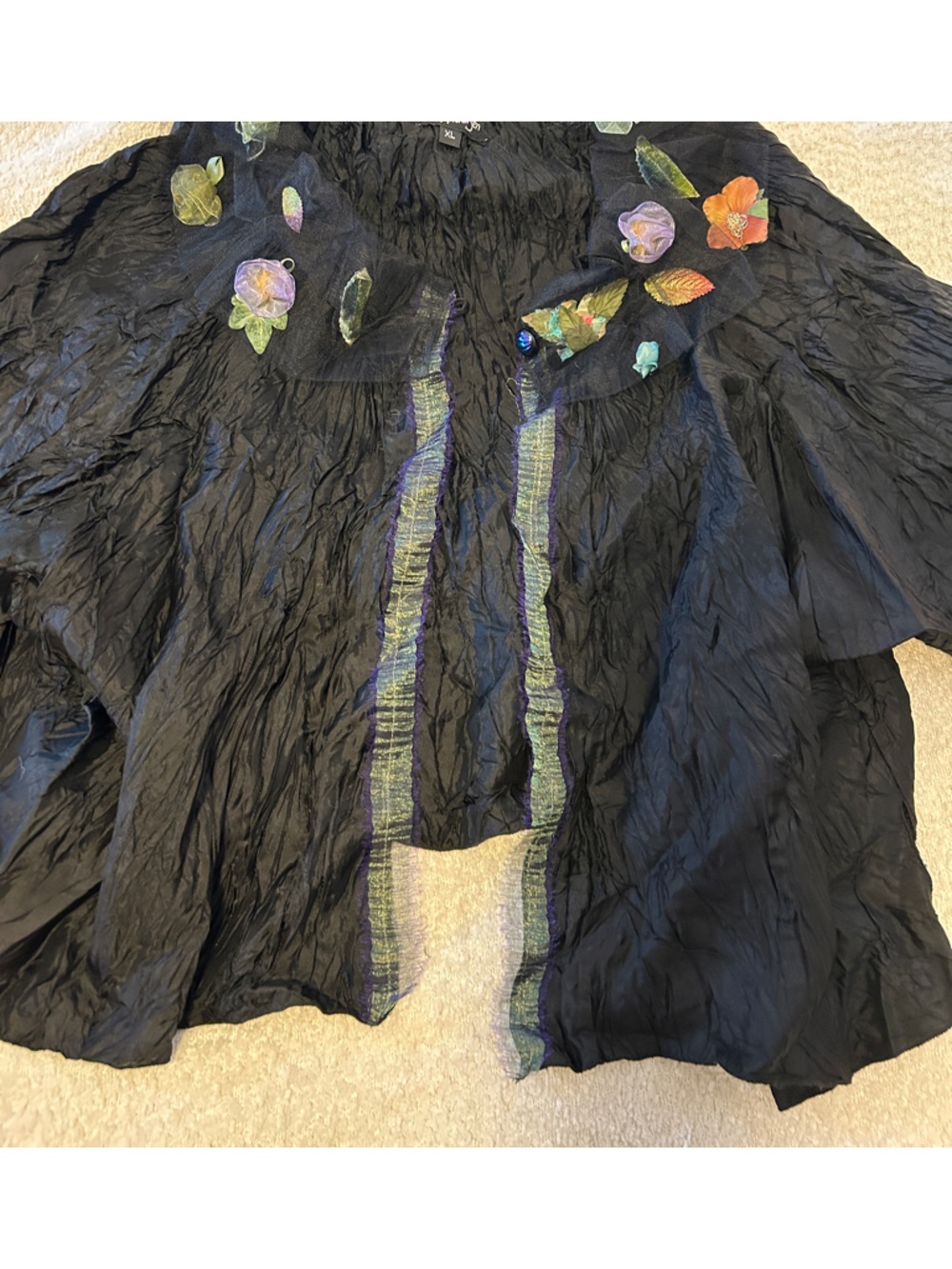 Lee Andersen Black Floral-Appliqué Crinkled Silk Shrug Bolero Top XL - Picture 3 of 5